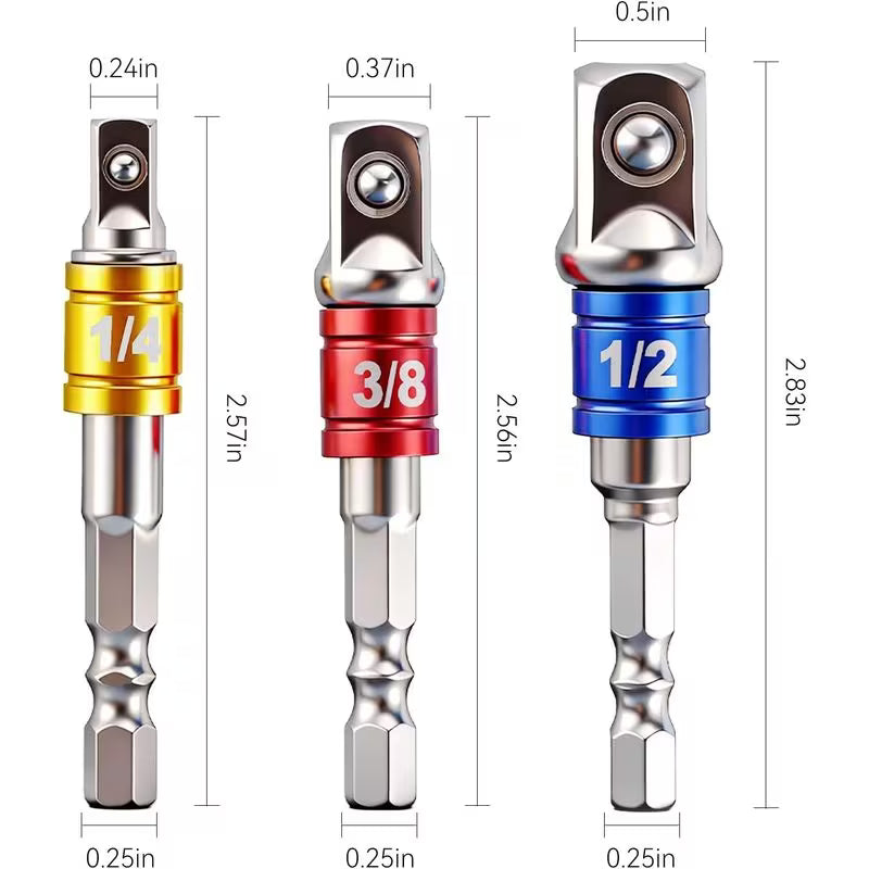 Color Coded Socket Adapter Set, 1/4" Hex Shank to 1/4" 3/8" 1/2"