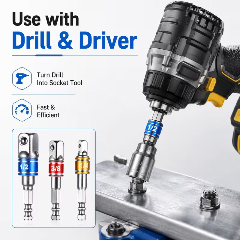 Color Coded Socket Adapter Set, 1/4" Hex Shank to 1/4" 3/8" 1/2"